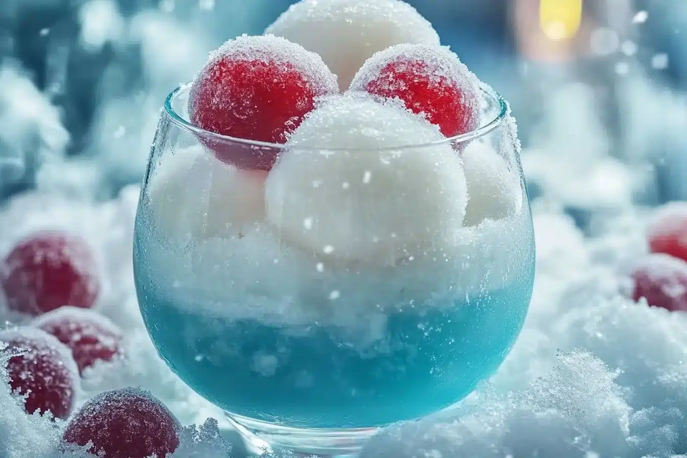 Delicious Frozen Snowball Punch in a glass with ice and colorful garnishes