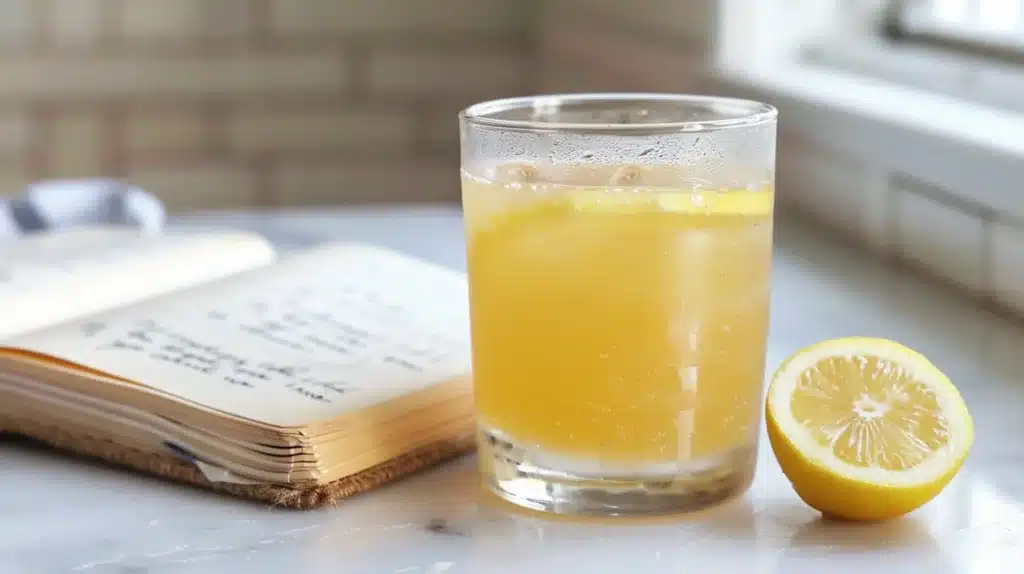 Gelatin ACV Lemon Recipe for Weight Loss: The 3-Ingredient Pre-Meal Trick That's Going Viral (2026) 12 Glass of gelatin ACV lemon recipe beside a handwritten journal tracking 14 days of weight loss results