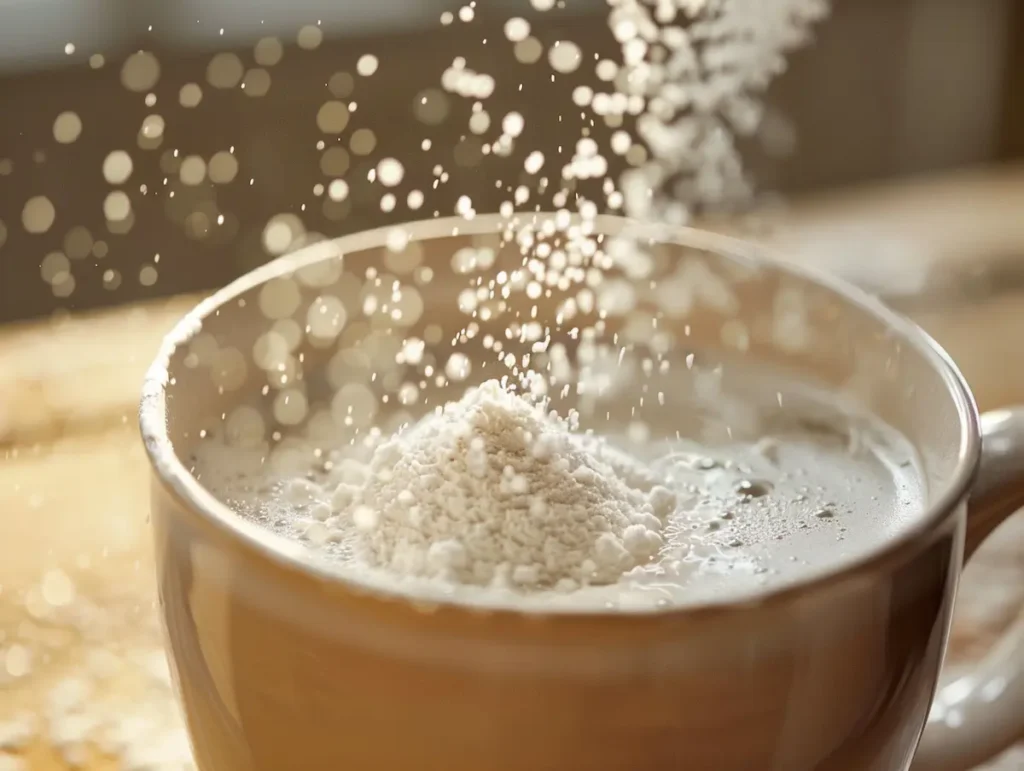 Blooming unflavored gelatin powder over warm water in a white mug for the gelatin ACV lemon recipe