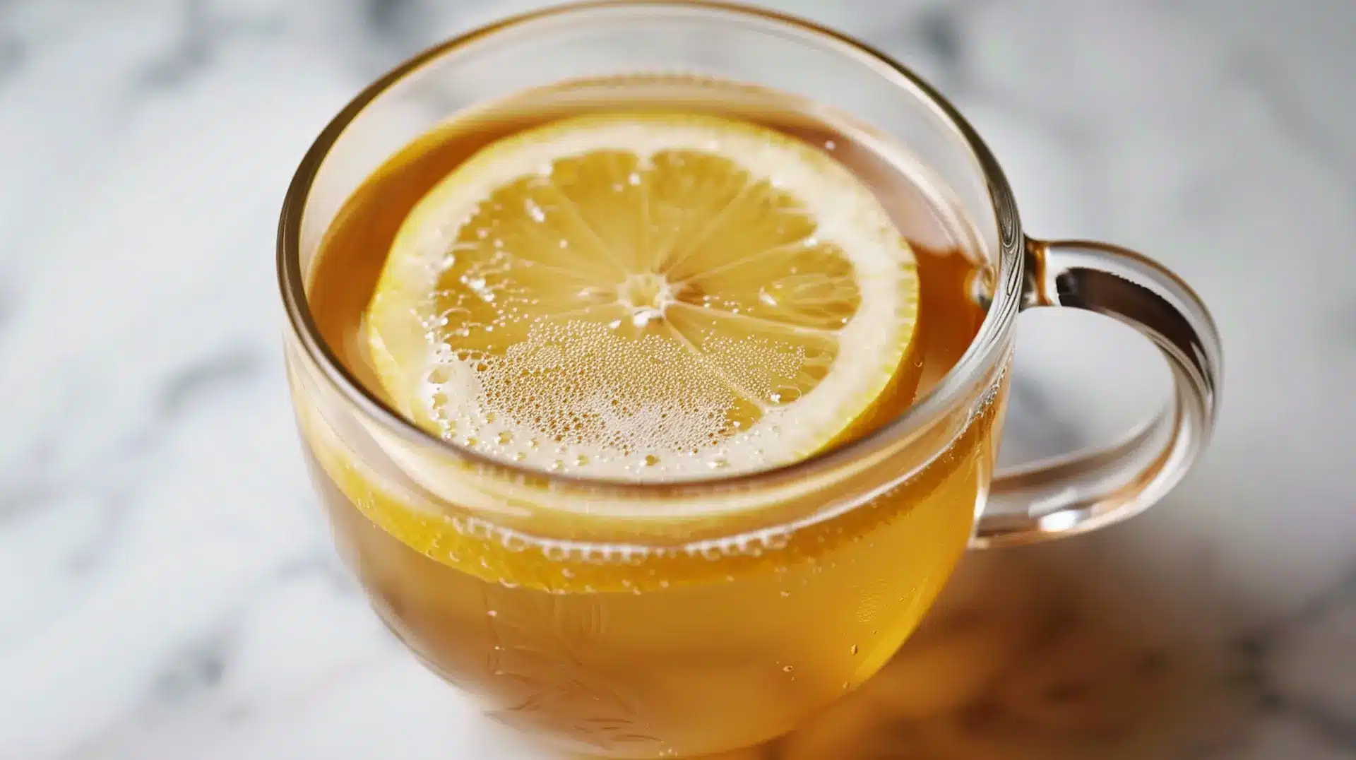 Gelatin ACV lemon recipe for weight loss served warm in a clear glass mug with fresh lemon slice