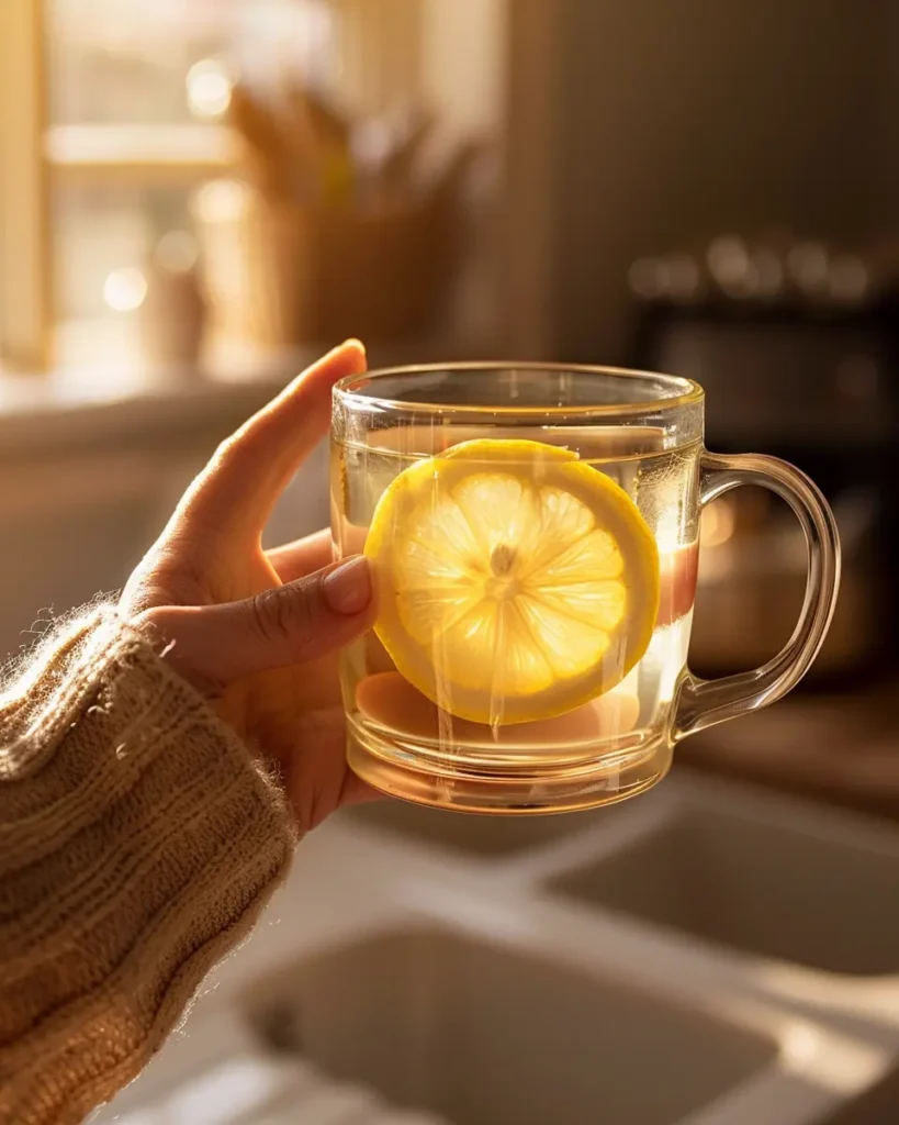 Gelatin ACV Lemon Recipe for Weight Loss: The 3-Ingredient Pre-Meal Trick That's Going Viral (2026) 11 Hands holding a warm glass of the gelatin ACV lemon recipe for weight loss with lemon wheel inside