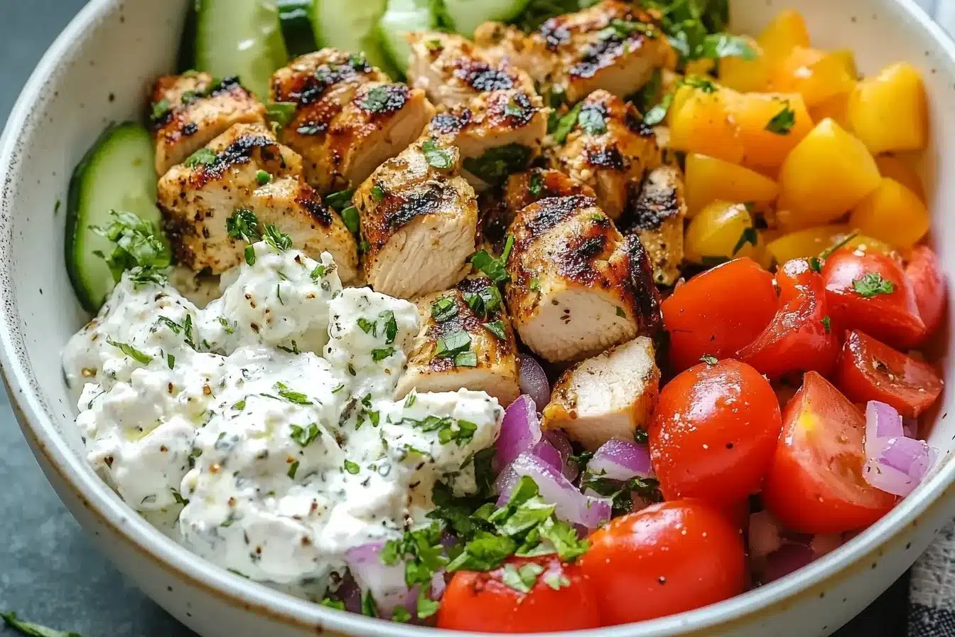 Greek Chicken Bowl with fresh vegetables and flavorful ingredients