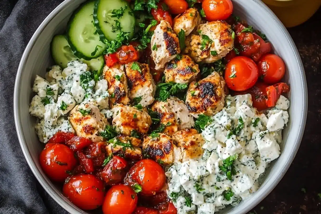 Delicious Greek Chicken Bowl with fresh vegetables and a tangy dressing