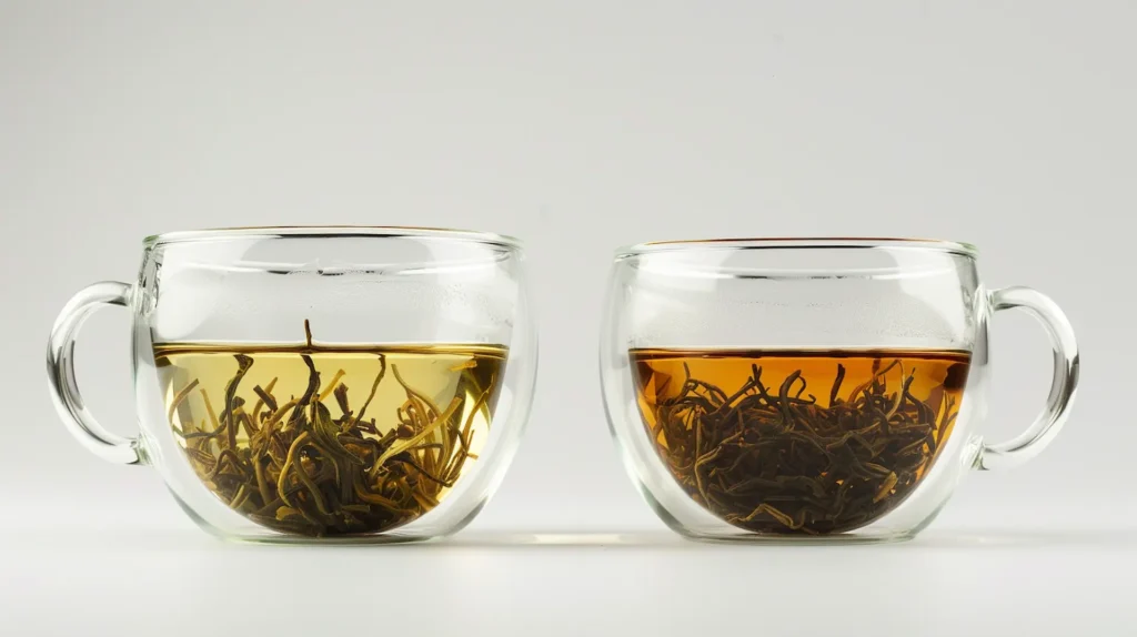 Comparison showing correct golden-green tea versus bitter over-brewed dark tea