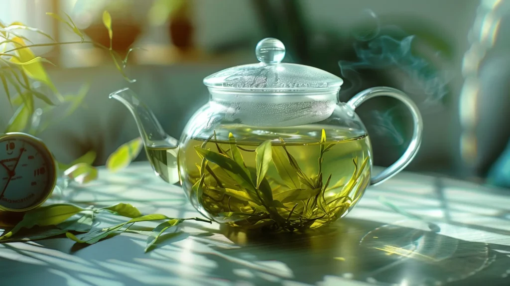 Green tea leaves steeping in glass teapot showing proper 1-3 minute brew time
