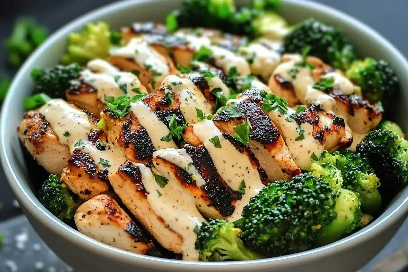 Grilled chicken and broccoli bowls with creamy garlic sauce on a white plate