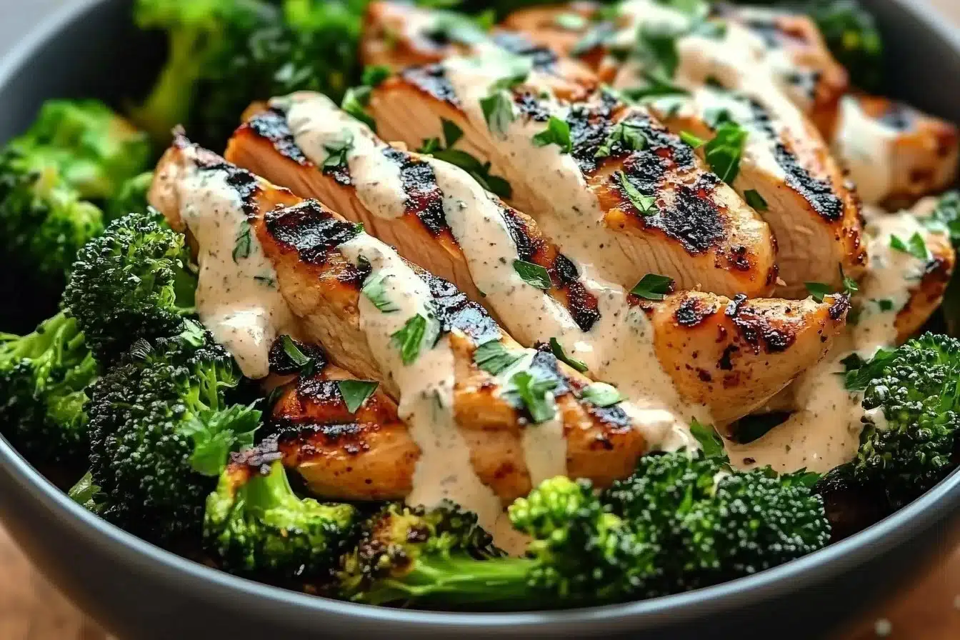 How to Make Grilled Chicken & Broccoli Bowls with Creamy Garlic Sauce