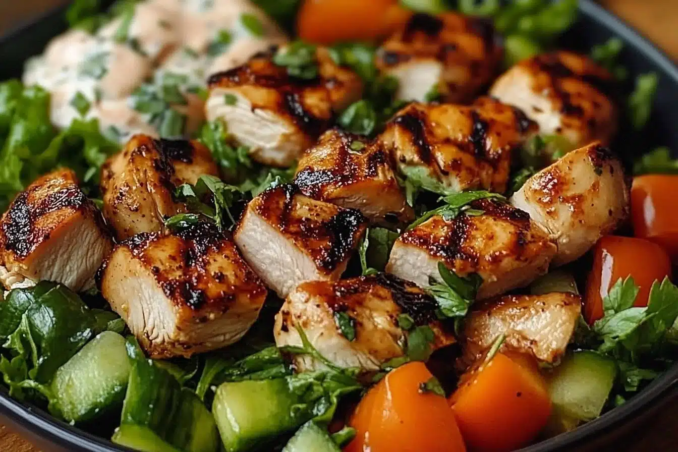 Healthy grilled chicken salad with fresh vegetables and dressing
