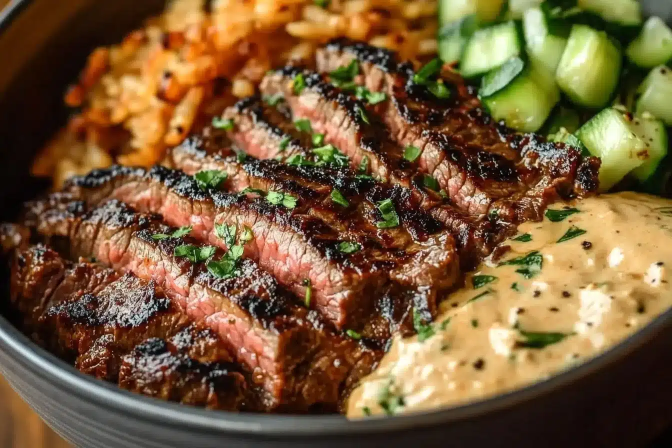 Delicious grilled steak bowl topped with fresh vegetables and herbs