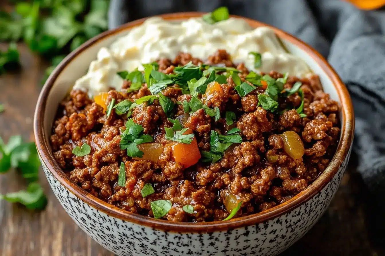 Ground Beef Hot Honey Bowl with vibrant ingredients and a spicy sweet sauce