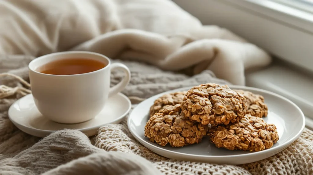 healthy-banana-oat-cookies-with-tea-breakfast-morning Healthy 3 ingredient banana oatmeal cookies served with herbal tea for a nutritious breakfast