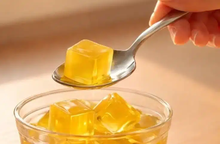 A colorful and healthy gelatin drink served in a glass with fresh fruit garnishes.