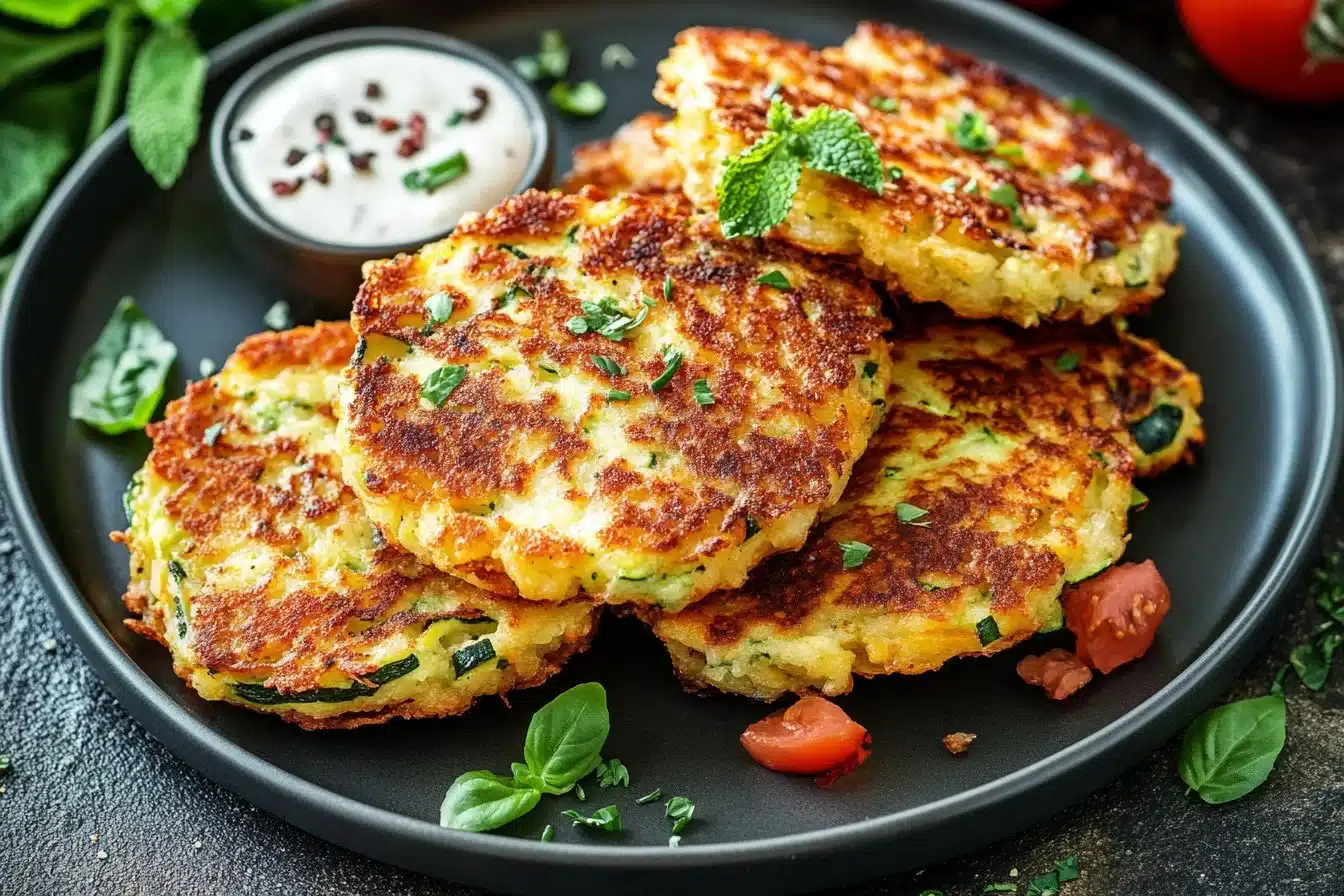 Healthy zucchini fritters served on a plate with dipping sauce