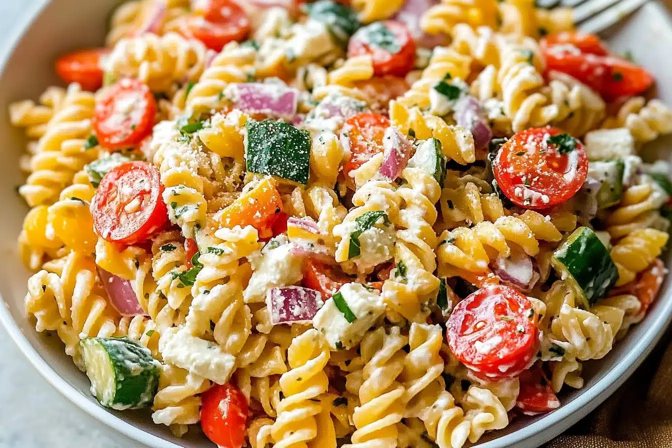 High protein cottage cheese pasta salad with fresh vegetables and dressing