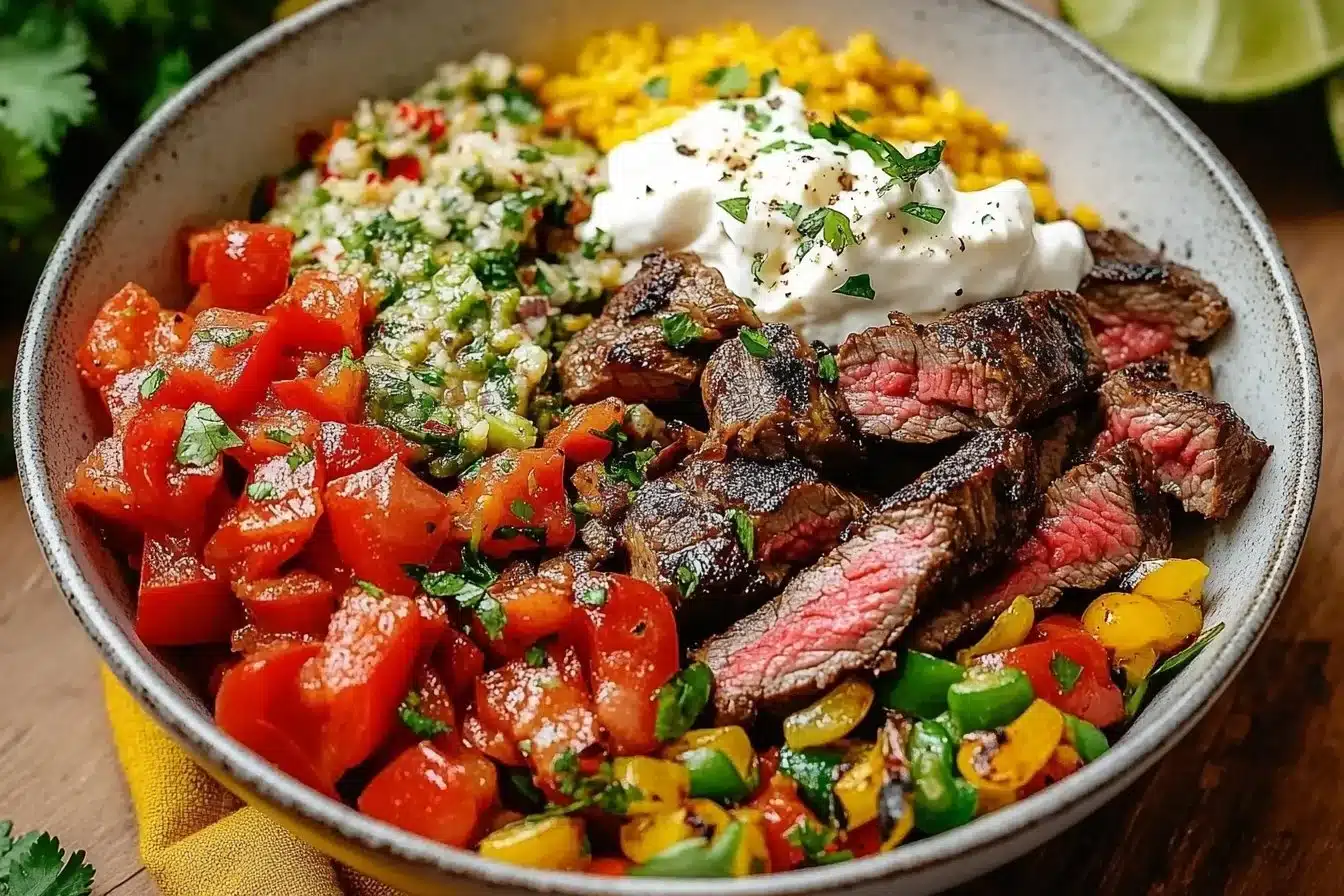High protein steak fajita bowl with colorful vegetables and steak slices.