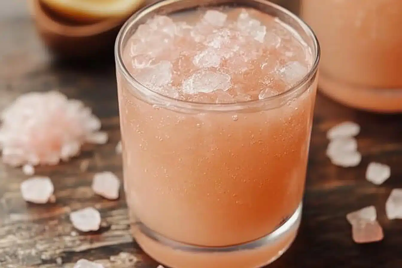 Himalayan pink salt morning elixir in a glass with citrus and herbs