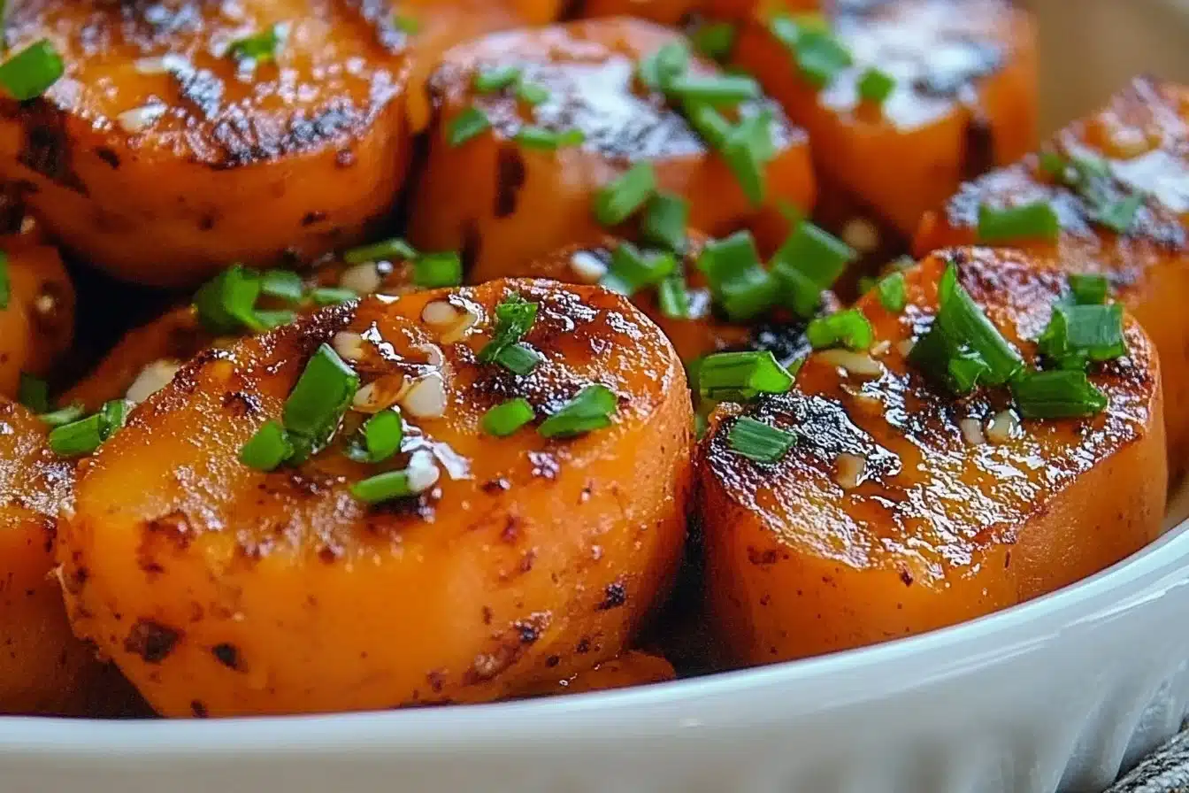 Honey Chili Smashed Sweet Potatoes topped with spices and honey glaze
