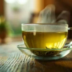 How to brew green tea perfectly in transparent glass cup with golden green liquid and steam