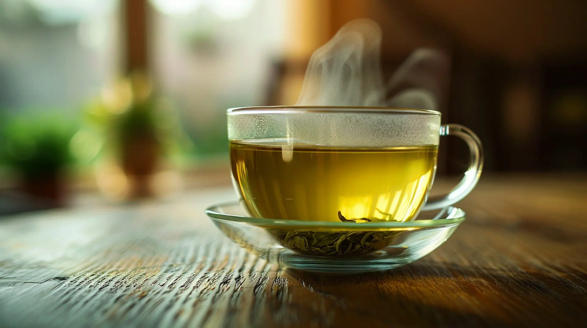 How to brew green tea perfectly in transparent glass cup with golden green liquid and steam