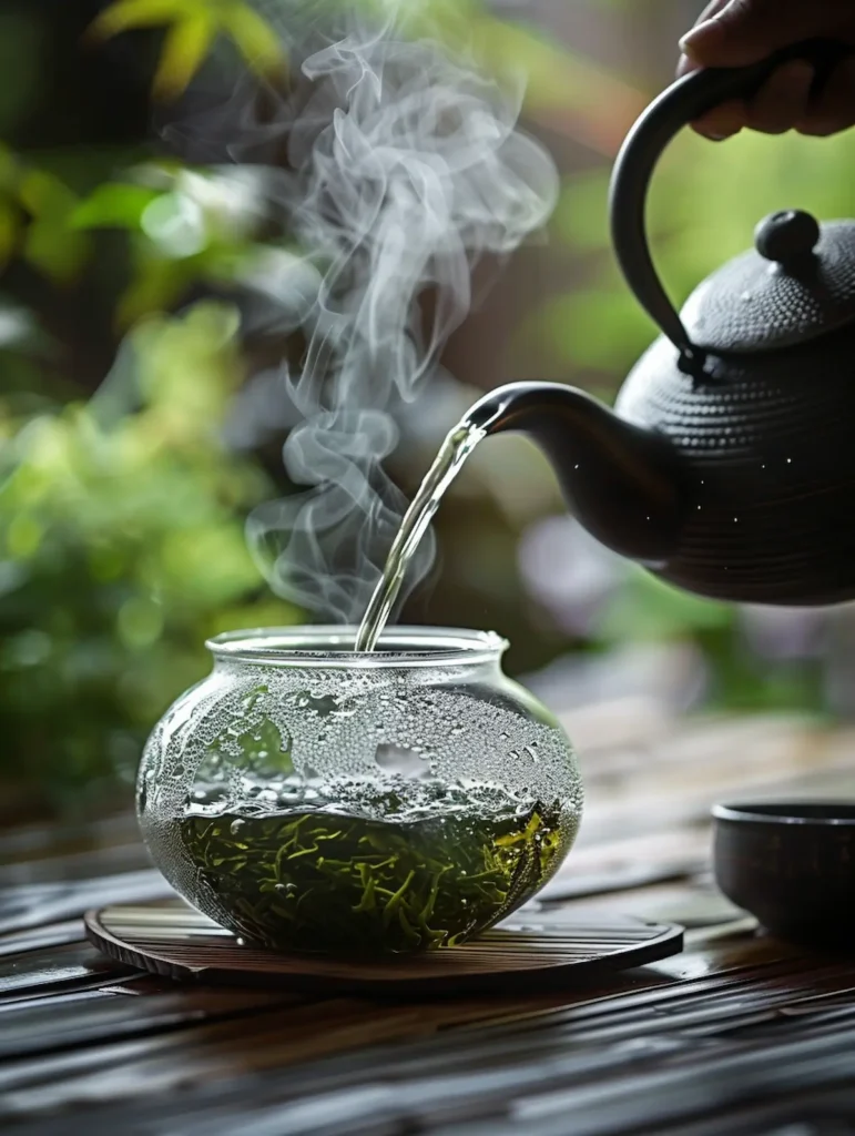 Pouring hot water at correct temperature over loose green tea leaves in teapot