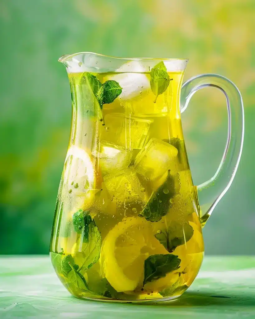 How to cold brew green tea in glass pitcher with ice for refreshing summer drink