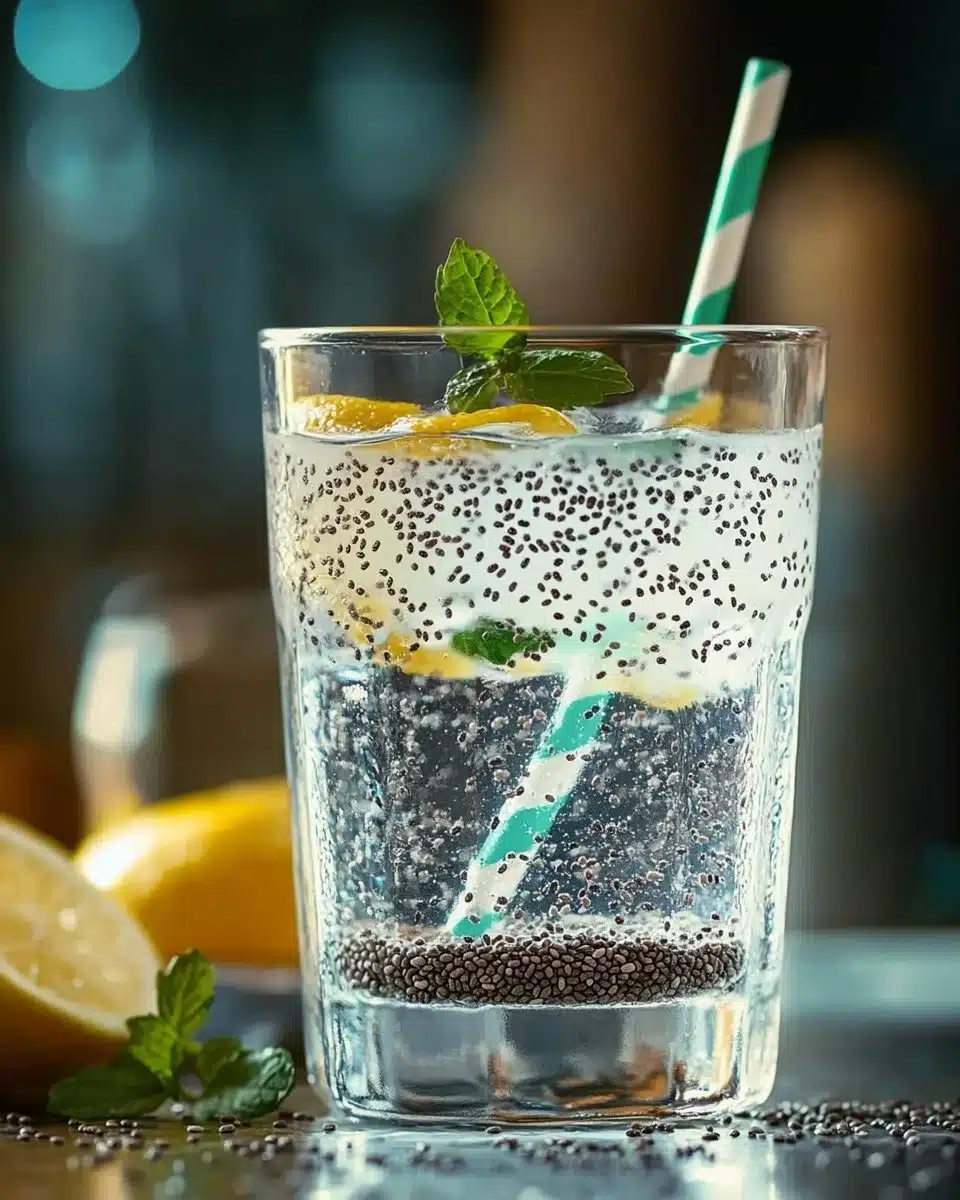 A glass of chia seed water with chia seeds and lemon, showcasing its health benefits.