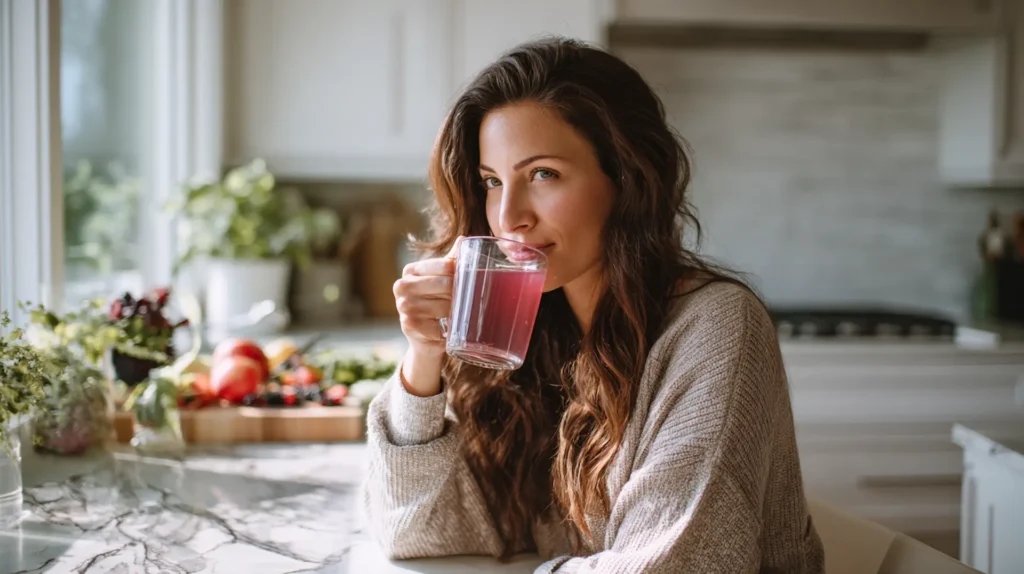 kelly-clarkson-gelatin-trick-before-meal-routine-weight-loss Woman following the Kelly Clarkson gelatin trick routine drinking pink gelatin drink before a meal for weight loss