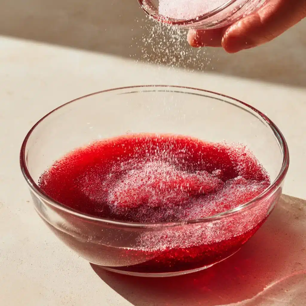 kelly-clarkson-gelatin-trick-blooming-step-unflavored-powder Blooming unflavored gelatin powder in cranberry juice for the Kelly Clarkson gelatin trick recipe