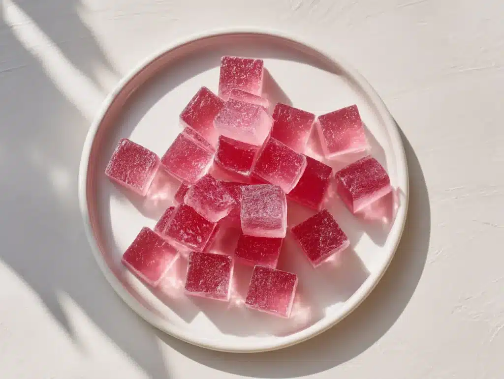 kelly-clarkson-gelatin-trick-cubes-weight-loss-snack Kelly Clarkson gelatin trick recipe cut into pink gelatin cubes as a low-calorie weight loss snack