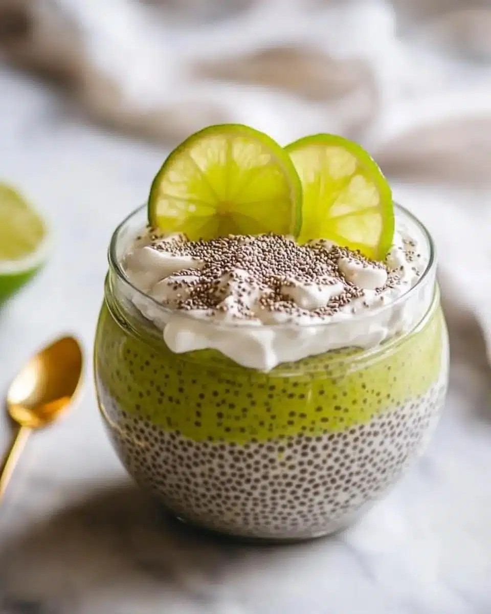 Key Lime Pie Chia Pudding in a glass topped with lime slices