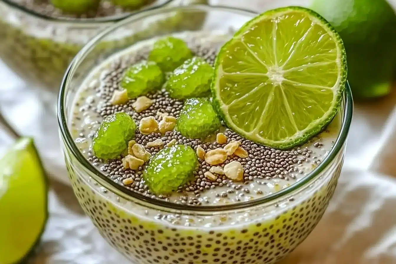 Delicious Key Lime Pie Chia Pudding served in a bowl with a lime garnish.