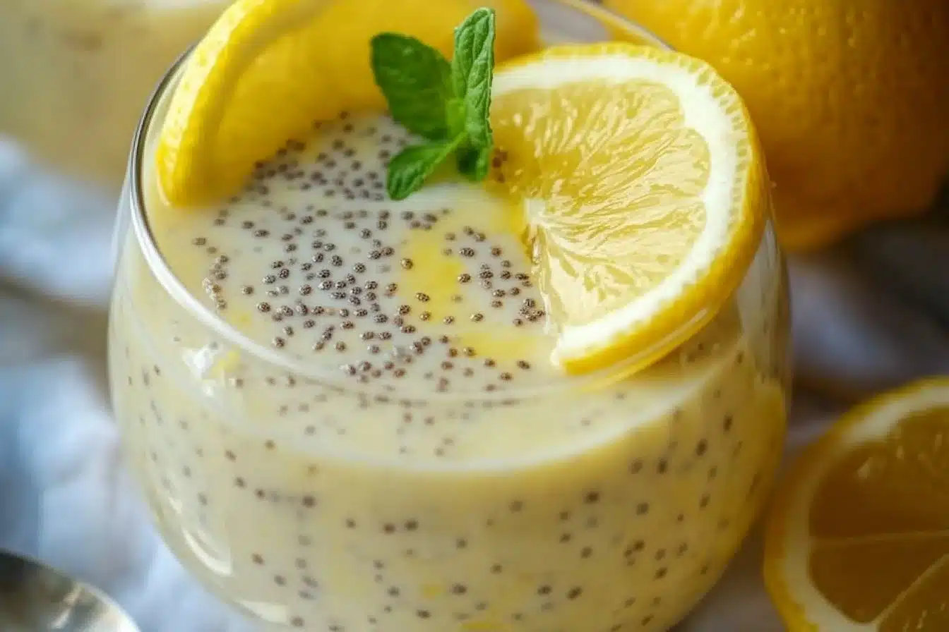 Lemon Cream Chia Pudding topped with fresh lemons and mint for a healthy dessert