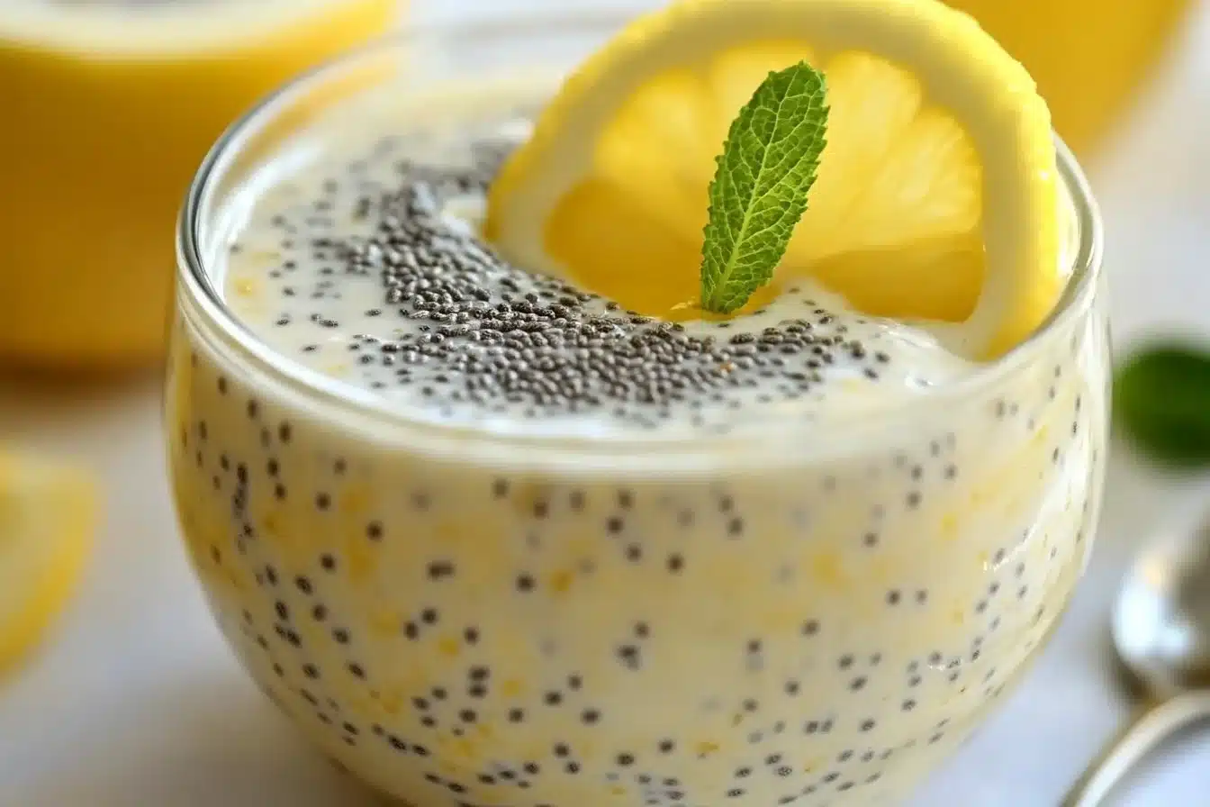 Delicious Lemon Cream Chia Pudding served in a glass with fresh lemon slices.