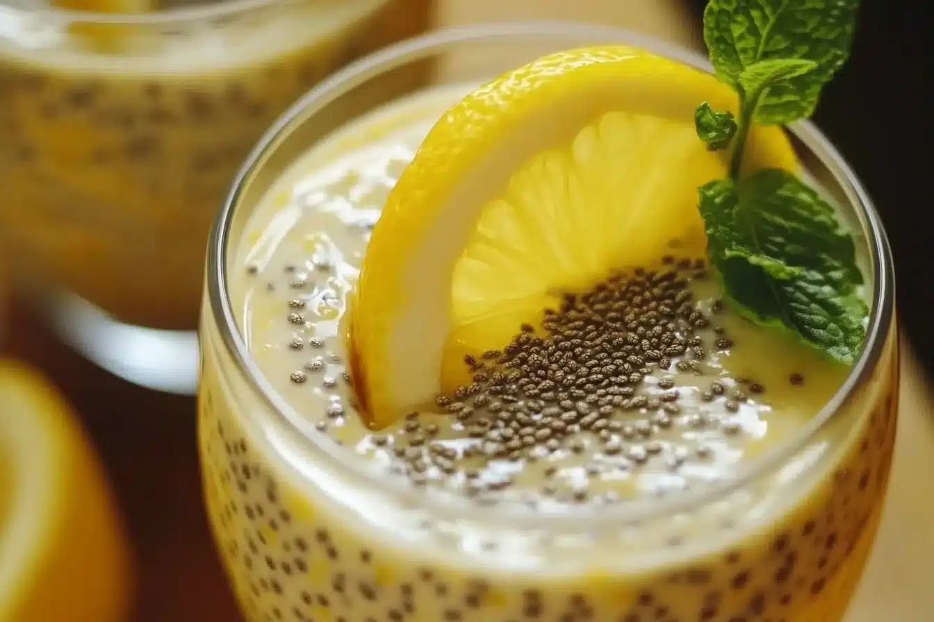 A bowl of lemon cream chia pudding topped with lemon zest and mint leaves.