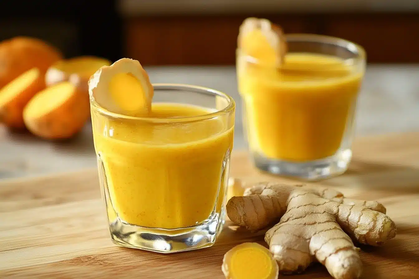 Delicious homemade lemon ginger turmeric shots in small glass cups