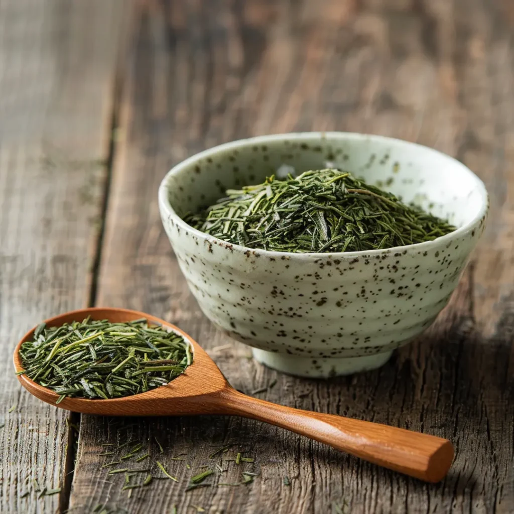 One teaspoon of loose leaf green tea measured for brewing perfect cup