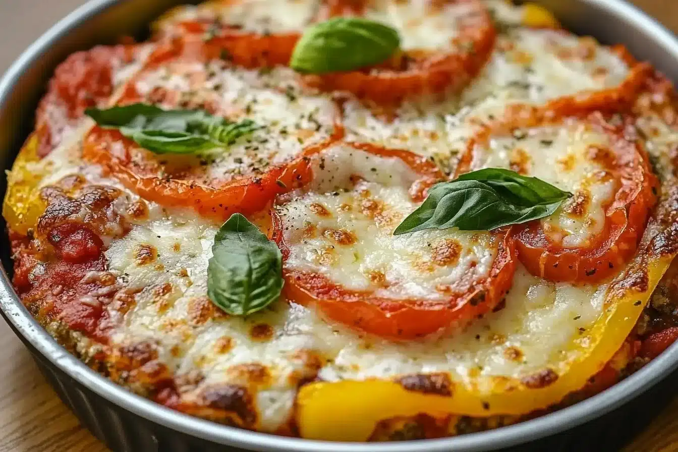 Delicious Low Carb Crustless Pizza Bowl topped with fresh ingredients
