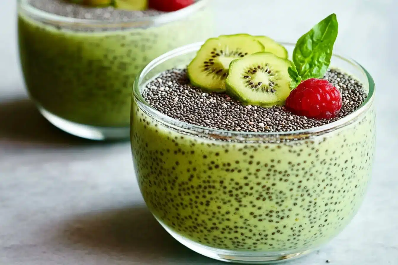 Bowl of matcha chia pudding topped with fresh fruits and nuts