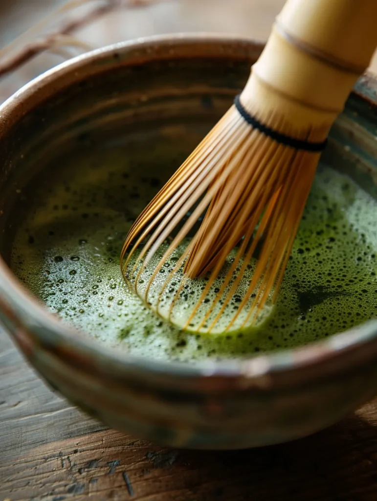 Whisking matcha green tea powder with traditional bamboo whisk to create foam
