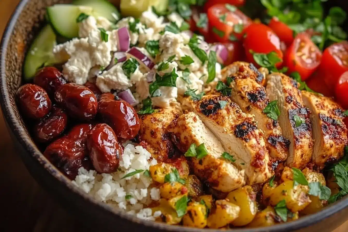 Healthy Mediterranean chicken bowl with fresh vegetables and grains