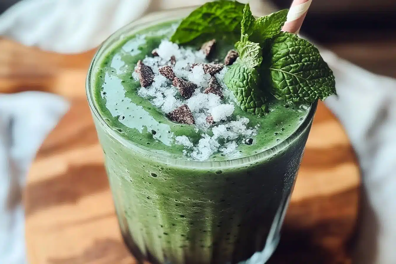 Delicious Mint Chip Spirulina Smoothie in a glass with mint leaves