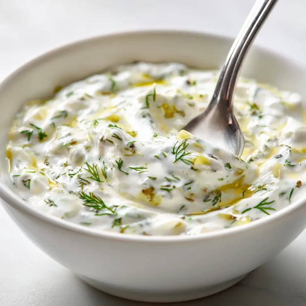 mixing-3-ingredient-tartar-sauce-in-bowl A spoon stirring homemade 3 ingredient tartar sauce in a white bowl showing creamy texture and pickle pieces