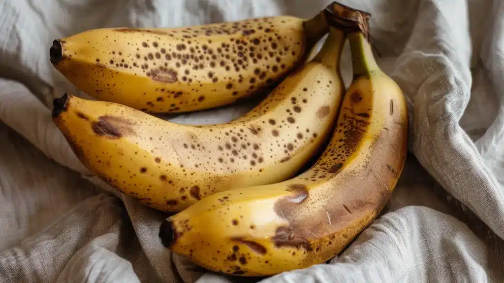 overripe-bananas-for-banana-oatmeal-cookies Three overripe bananas with brown spots perfect for making 3 ingredient banana oatmeal cookies