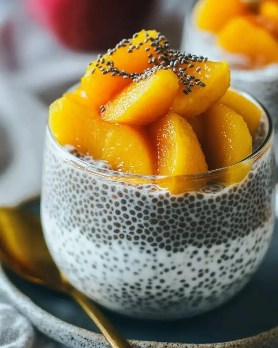 Peaches & Cream Chia Pudding in a bowl topped with fresh peaches and cream