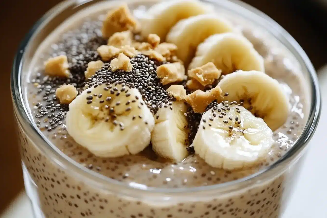 Peanut Butter Banana Chia Pudding in a glass with banana slices on top.