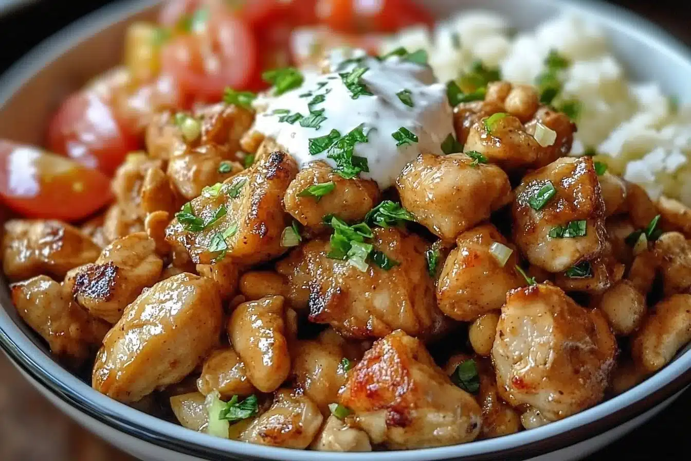 Delicious Peanut Chicken dish served with fresh vegetables and garnished.