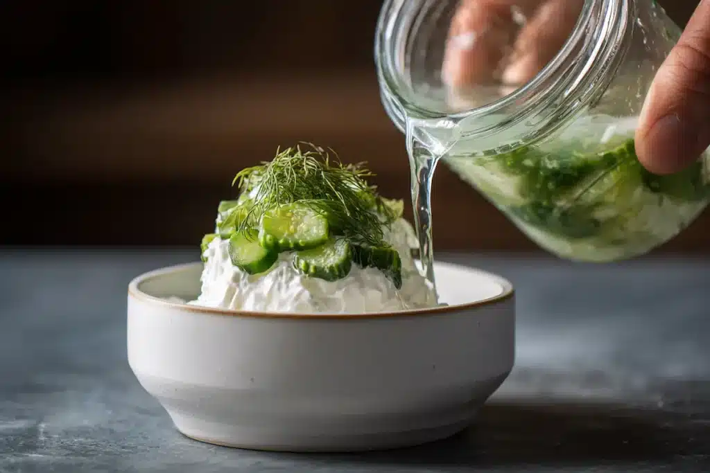 pickle-juice-poured-into-3-ingredient-tartar-sauce-bowl Pickle juice being poured from a jar into a bowl with mayonnaise and chopped pickles to make 3 ingredient tartar sauce