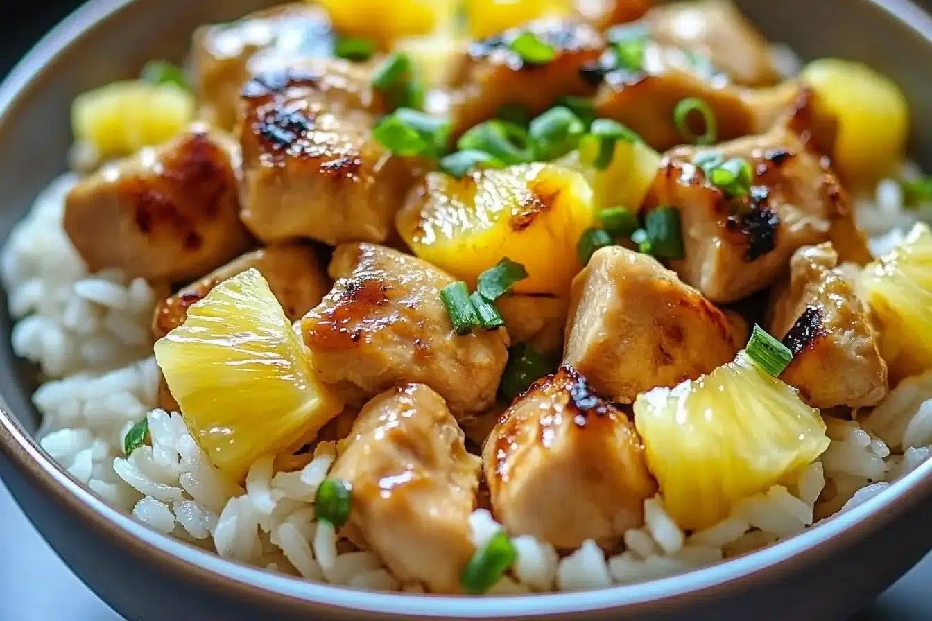 A delicious plate of Pineapple Chicken served with rice and garnished with fresh herbs.