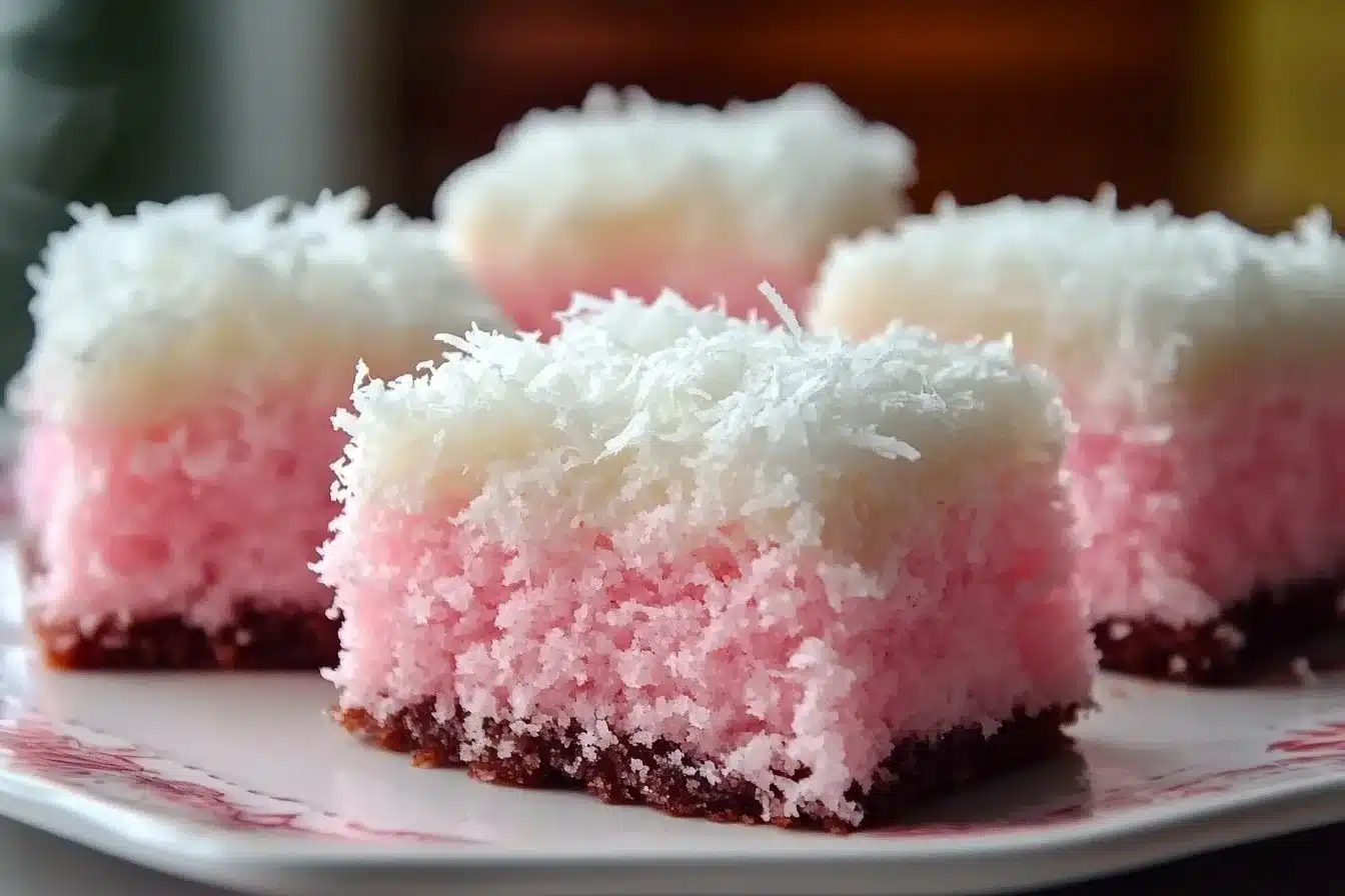 Pink Coconut Snowball Cake Bars with coconut frosting and pink decoration