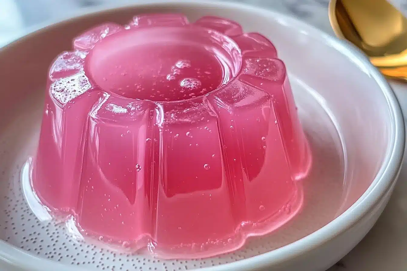 Pink gelatin dessert with decorative toppings for the gelatin trick recipe